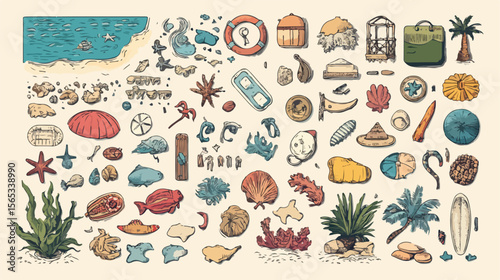 Bundle of Beach Set Icons - Flat Line and Fill Icons for Summer Vacation and Travel Concepts