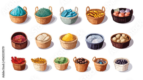 Bundle of Commodity Basket Icons Flat Vector Illustration