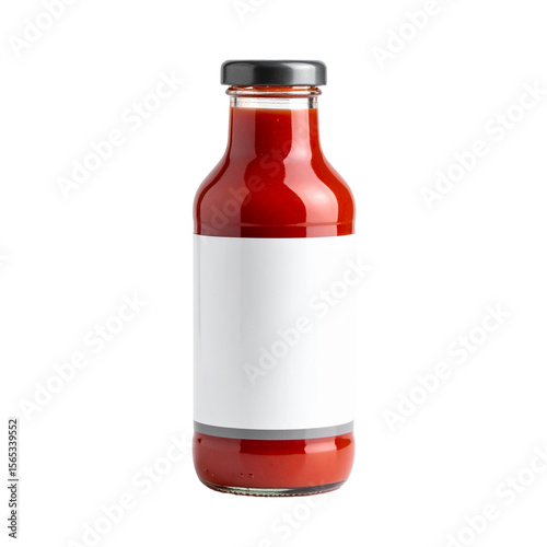 Red sauce bottle with a blank label suitable for food product mockups, advertising, packaging design, and restaurant menus.