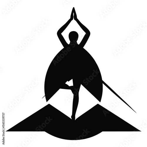 Black silhouette of person in yoga pose on mountain peaks