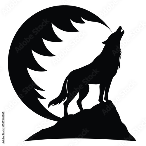 Black wolf howling on rocky cliff against moon silhouette