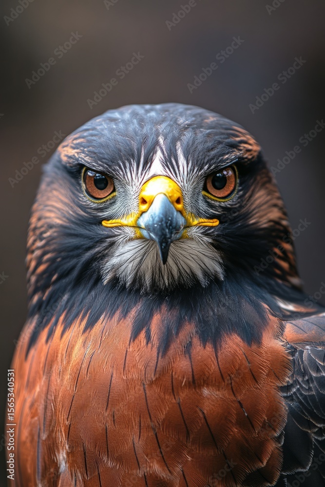 Fototapeta premium Majestic hawk with striking features and intense gaze, showcasing rich brown and black plumage, perched confidently against a blurred background, embodying the essence of wildlife