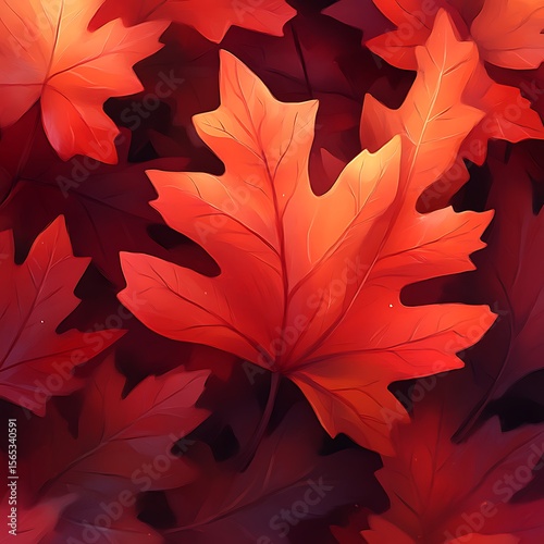 Vibrant autumn leaves. A close-up view of vividly colored maple leaves, showcasing the rich hues of fall foliage.  The warm tones and detailed textures create a sense of depth and natural beauty