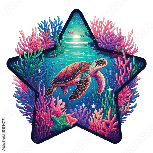  A sea turtle swimming, illustrated with vivid details and harmonious colors. The turtle is in the middle of a large star, Inside the star is an image of the ocean with seaweed