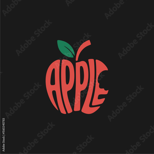 Stylized red apple illustration formed by the word "apple," featuring a bite taken from the side.