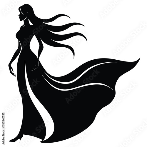 Elegant woman silhouette flowing dress wind vector