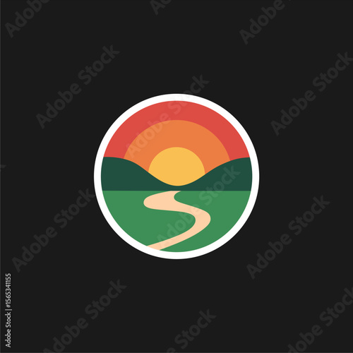 A circular illustration depicting a sunset over rolling hills and a winding path.