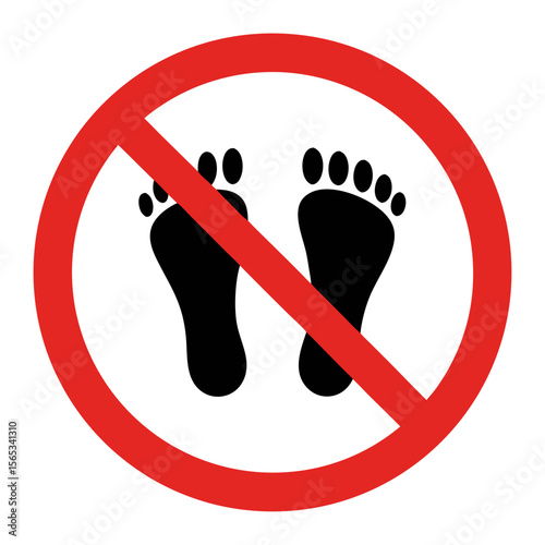 No bare feet allowed sign. Red circle with crossed-out footprints indicates prohibition against walking barefoot. This no bare feet symbol is perfect for public spaces requiring footwear.