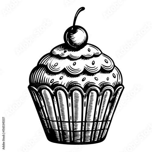 Delicious cupcake silhouette with cherry on top. Sweet cupcake illustration features detailed frosting and paper cup. Vintage cupcake silhouette perfect for bakery menu or hand-drawn engraving.