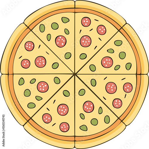 Overhead view of a pizza with pepperoni, olives, and herbs.