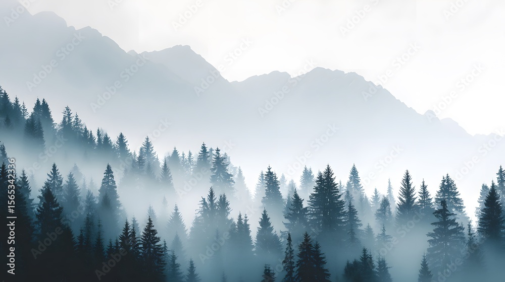 Obraz premium 4k Misty landscape with fir forest in hipster vintage retro style wallpaper photography