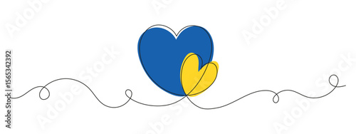 Pray for Ukraine. One line drawing of two hearts in Ukrainian flag colors. Minimalist patriotic symbol of peace and support. Vector continuous line illustration.