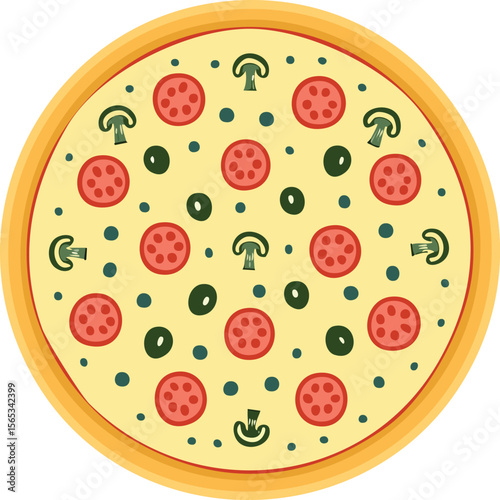 Overhead view of a pizza with pepperoni, olives, and herbs.