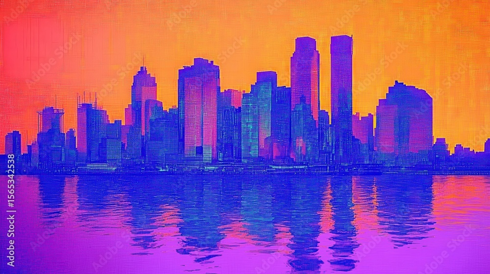 Fototapeta premium Vibrant cityscape reflected in a tranquil body of water.