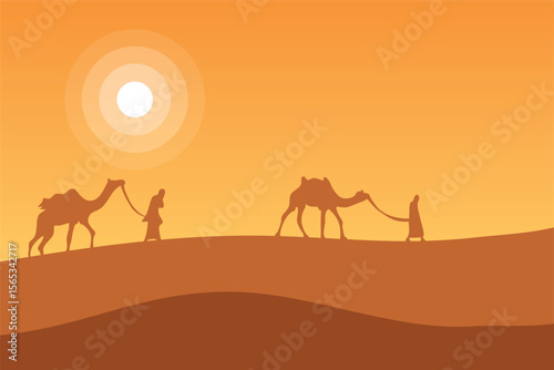 Minimal desert landscape and silhouette with camels and people, organized, editable, and layered 