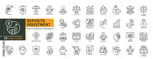 Minimalist Deposite Investment line icons set with editable stroke, featuring e-banking, data, insurance, money saving, gold, deposit, motivation, profit, decision, stock. thin linear illustration.