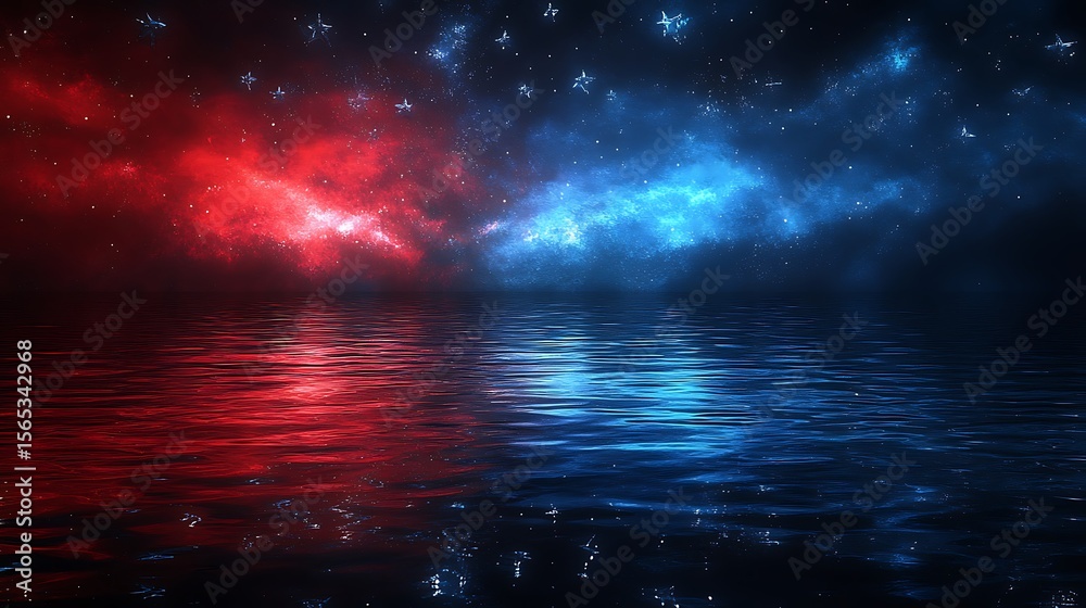 Obraz premium Abstract cosmic landscape featuring celestial nebulas reflected in serene water offering a surreal photo.