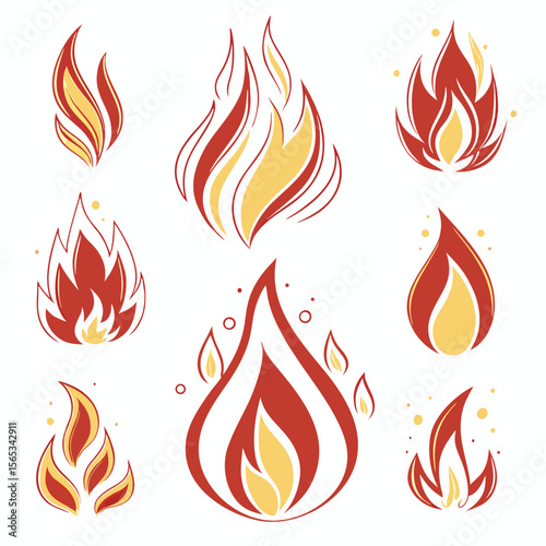 Collection of stylized red and yellow flame graphics on white background fire heat