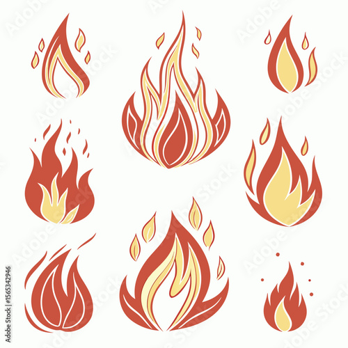 Collection of stylized red and yellow flames on white background fire heat