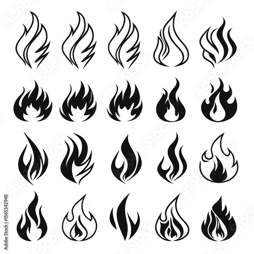Collection of twenty stylized black flame icons and symbols fire heat