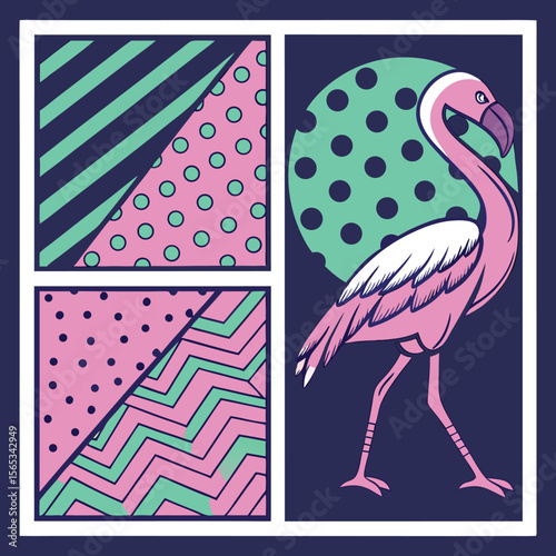 Retro flamingo art design with geometric patterns and a cool eighties vibe