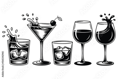 Black and White Cocktail Illustration Martini Wine Whiskey Glasses