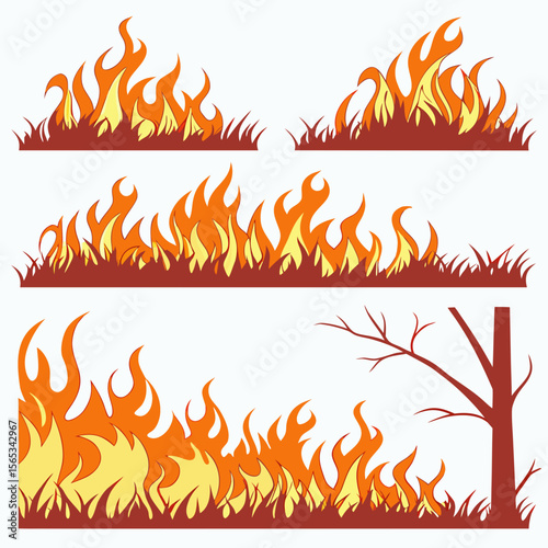 Four stylized illustrations of fire burning in grass with a bare tree flames heat