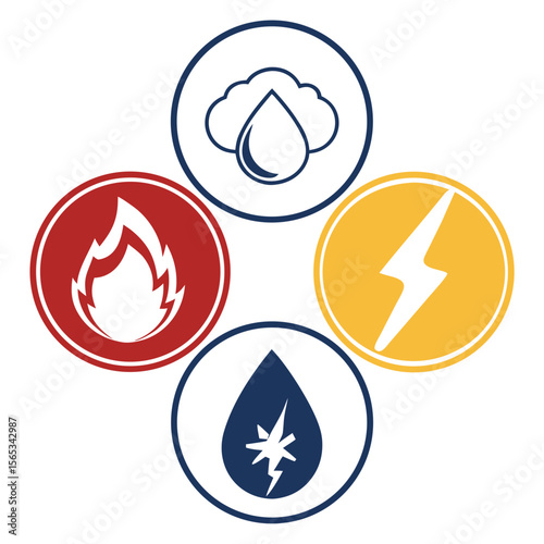 Four circular icons with elemental symbols fire water lightning electricity cloud