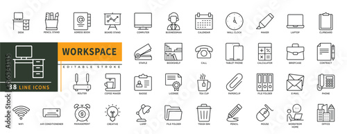Minimalist Workspace line icons set with editable stroke, featuring desk, pencil stand, adress book, board stand, computer, lamp,  stample, laptop, paper clip, mouse, pencil. thin linear illustration.
