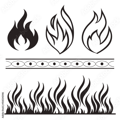 Three stylized black flame graphics and decorative border fire heat