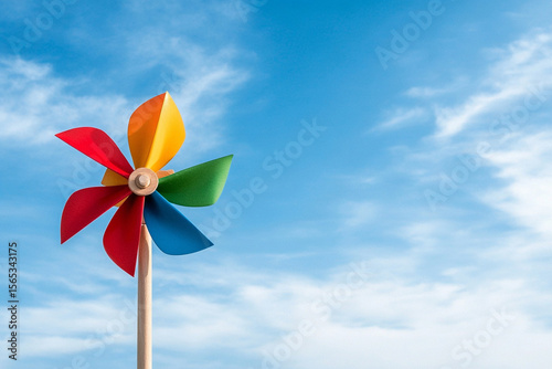 Colorful pinwheel spins joyfully in a gentle breeze under a clear sky