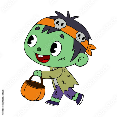 Magical day Halloween. Cute zombie cartoon idea mask costume. Happy and smiling funny green skin monster. Line art element collection 