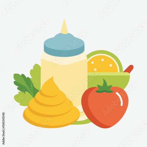 A bottle of mayonnaise, mustard, tomato, and herbs are isolated on white background.