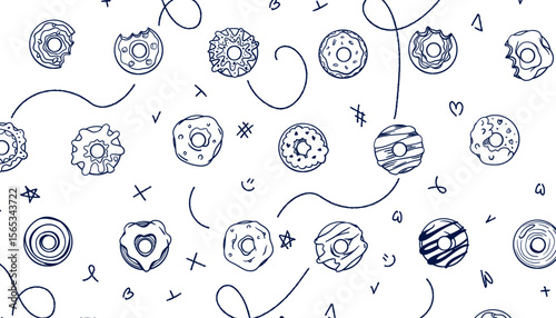 eamless doodle pattern with tasty donuts and frosting. Hand-drawn sweet dessert background. Fun sketch style pastry texture for kids design, packaging, textile, or menu.