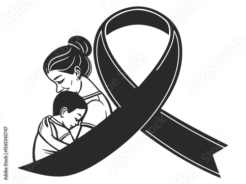 Mother and Child Embrace in Grief with Black Ribbon Symbolizing Loss and Remembrance mother