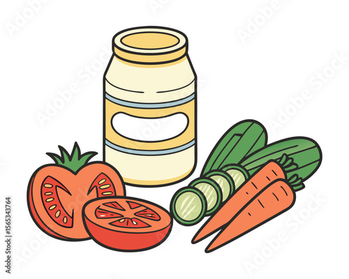 Fresh vegetables and a jar isolated on white background.