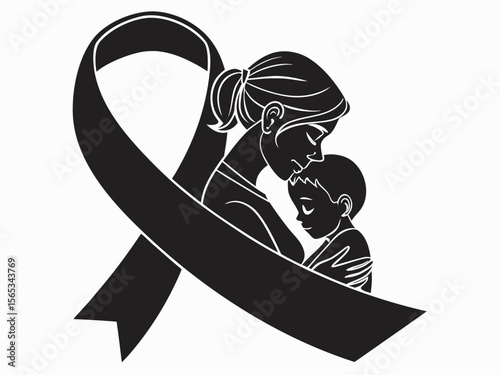 Black Ribbon with Mother and Child Silhouette Symbol of Grief Loss and Remembrance black