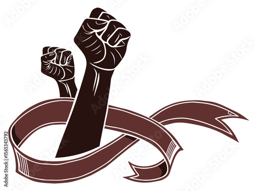Symbol of Solidarity Raised Fists Emerging from a Ribbon Representing Strength and Unity Two