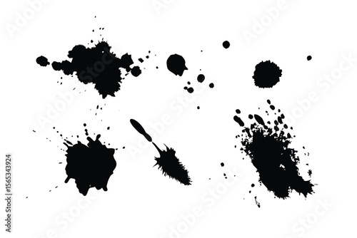 Paint Splash & Ink Blot Vector Engraving Set. Detailed Monochrome Grunge Texture Icons & Symbols. Vintage Stipple & Hatching Illustrations