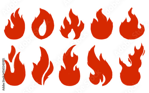 Hand-drawn fire flame icon set with a scribble and crayon texture. Collection of red bonfire, campfire, and burning blaze symbols.