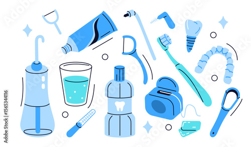 Oral irrigator, toothbrush, mouthwash, interdental brush, retainer, floss and other dentistry items set. Dental care, health, hygiene concept. Vector illustration.
