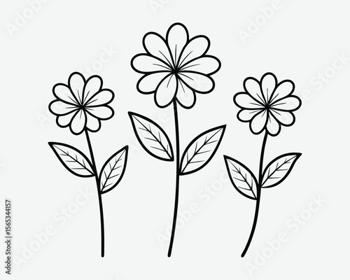 Three simple flower outlines are isolated on white background.