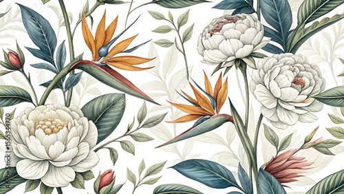 Seamless fabric pattern design, peony and bird of paradise flower pattern for fabric printing or wallpaper.
