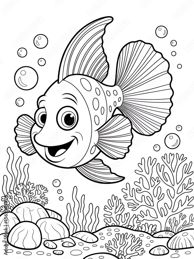 Fototapeta premium Happy Cartoon Fish in the Sea Coloring Page