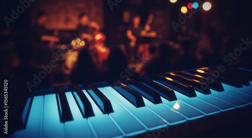 Piano keys in atmospheric jazz club setting