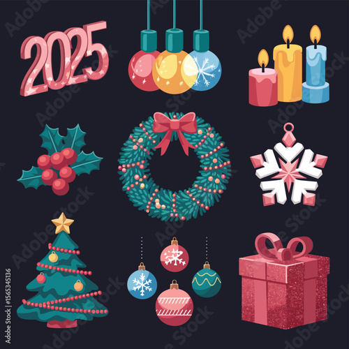 vector Happy New Year Celebrating 2025 in Latin letters , Christmas Decoration Items Santa Claus
