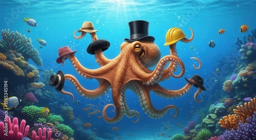 Octopus wearing multiple hats underwater in vibrant coral reef