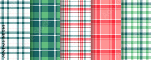 Christmas seamless pattern. Gingham plaid background. Set check fabric prints. Tartan shirt cloth. Flannel lumberjack textures. Red green backdrops.  Geometric checkered textile. Vector illustration. 