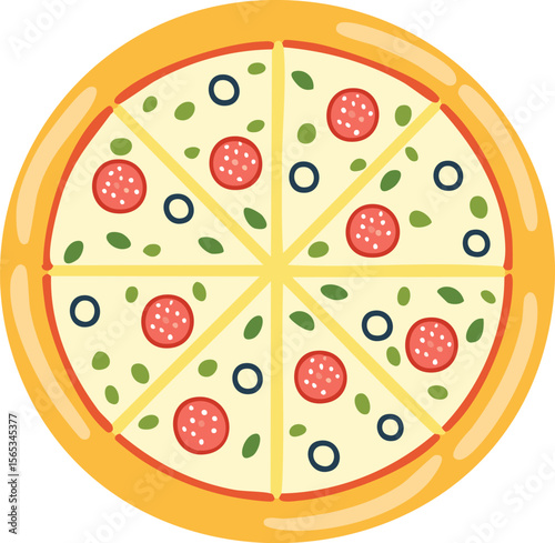Overhead view of a pizza with pepperoni, olives, and herbs.