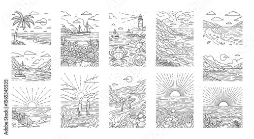 Collection of seaside scenes with beaches, boats, surfers, and sunsets in line art style